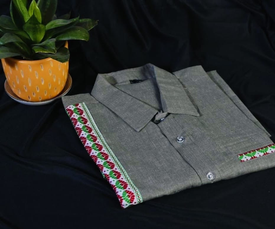 OLIVE ASSAMESE TRADITIONAL PATTERNED MEN’S SHIRT